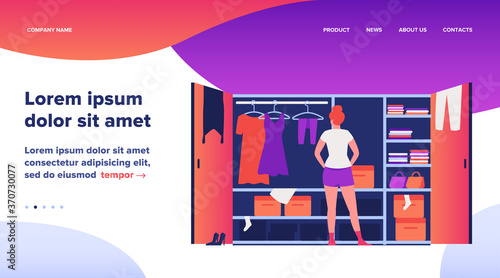 Woman choosing dress from wardrobe flat vector illustration. Young lady standing near opened closet. Pile of clothes laying on shelfs. Cartoon style. Organization and arrangement concept