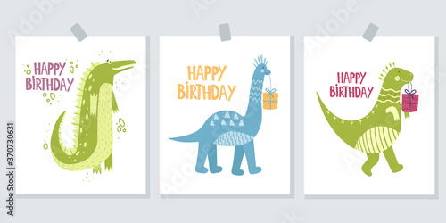 Set of cute greeting cards on a white background. Happy Birthday. Postcards with dinosaurs and an alligator. Vector illustration in cartoon style. Hand drawing.