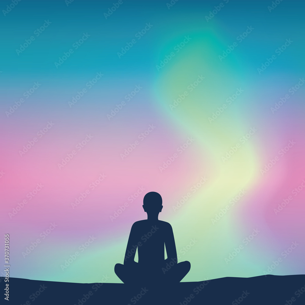 peaceful mediating person on aurora borealis sky background vector illustration EPS10