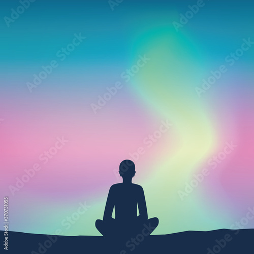 peaceful mediating person on aurora borealis sky background vector illustration EPS10