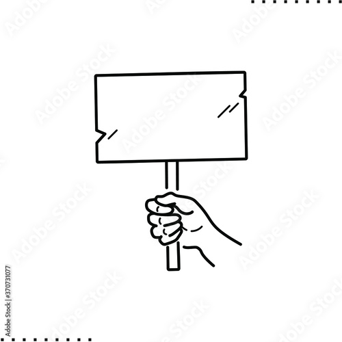 Hand holds a banner vector icon in outline
