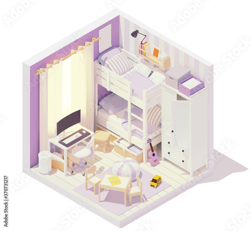 Vector isometric kid or children's room cross-section with bunk bed, desk with computer, children table with chairs, cabinets, toys, bookshelf