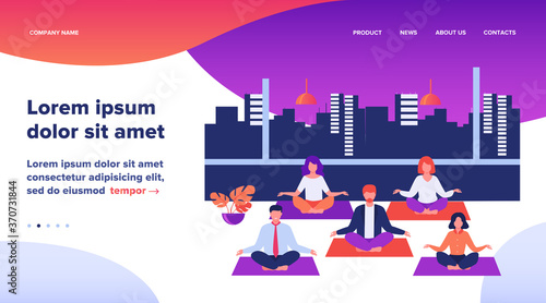 Office people practicing yoga and meditation. Managers exercising and meditating in lotus pose during work break. Can be used for mindfulness, business and relaxing concept