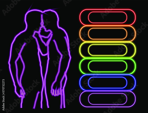 Gay bar neon banner, sexy guy figure, man silhouette, nightclub, rainbow, vector illustration