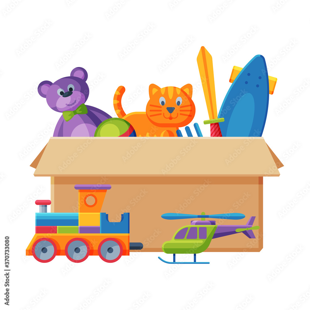 Fototapeta premium Cardboard Box with Various Toys, Container with Train, Teddy Bear, Sword, Scateboard,Cat Flat Vector Illustration