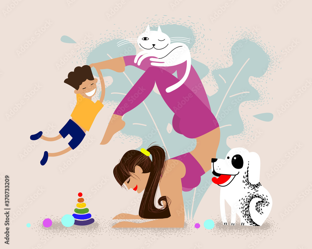 Fototapeta premium Mom practices yoga at home with her child and pets. child is playing while mom is meditating. young mother in scorpion asana. Mother keep calm.