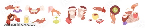 Collection of woman hands holding hot drinks and beverage. Brewing or pouring green and black or matcha tea, cacao, espresso coffee with sugar. Flat vector cartoon illustration isolated on white
