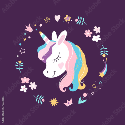 White unicorn vector head with big eye and set of flowers, crowns, stars, hearts. Magic cute girl decoration. Mane and horn on dark background. Fabric print, seamless pattern with dreaming unicorn. 