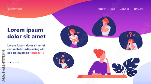 Woman expressing strong various feelings and emotions. Girl suffering from distracted behavior and mood changes. Vector illustration for mental disorder, psychology, stress, crisis concept