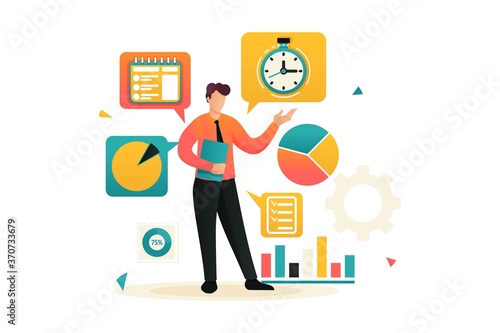 Young businessman is engaged in time management. Planning your time. Flat 2D character. Concept for web design