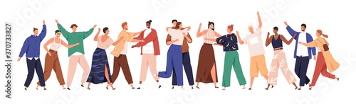Crowd of happy diverse hugging people. Concept of friendship day, unity. Celebration or congratulation of multiracial students or friends. Hugs flat vector cartoon illustration isolated on white
