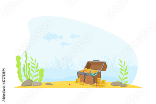Wooden Ancient Chest of Gold at the Bottom of the Sea, Lost Pirate Treasures Cartoon Vector Illustration