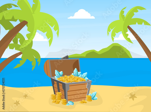 Wooden Chest with Golden Coins and Gems on Tropical Island, Lost Treasures Cartoon Vector Illustration