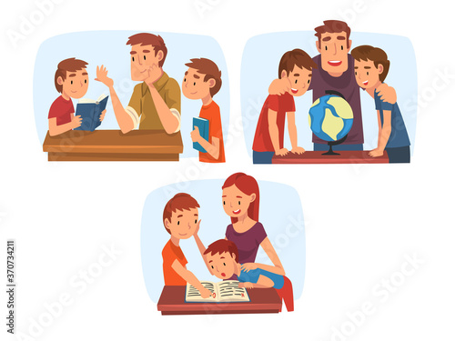 Parents Teaching their Children Set, Mom and Dad Helping their Kids with Homework and Explaining Lesson in Textbook Cartoon Vector Illustration