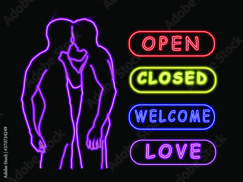 Gay bar neon banner, sexy guy figure, man silhouette, nightclub, rainbow, vector illustration