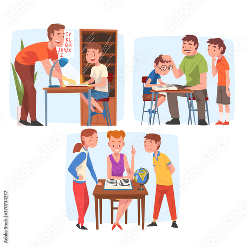Parents Teaching their Children Set, Mom and Dad Helping their Kids with Homework and Explaining Lesson Cartoon Vector Illustration on White Background