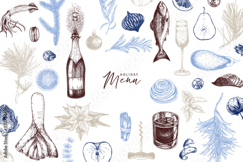 Vector menu template. Hand drawn detailed Christmas decorations, wine, seafood, meat, fruits and vegetables. Modern trendy design. For holiady menu, restaurant, shop promotion, brand merchandising.