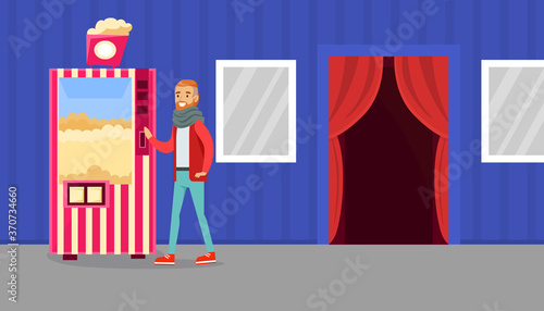 Young Man Buying Popcorn in Cinema Theatre, Popcorn Vending Machine Vector Illustration