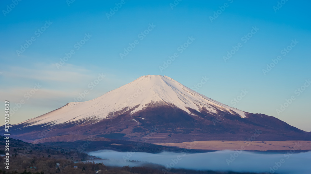 早春のパノラマ台（山中湖村）から青空を背景にした富士山を望む