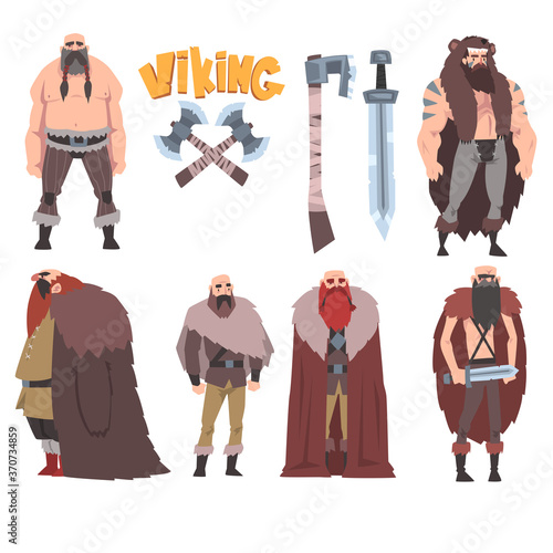 Strong Muscular Vikings Collection, Male and Female Scandinavian Warriors Characters in Traditional Clothes with Weapon Vector Illustration