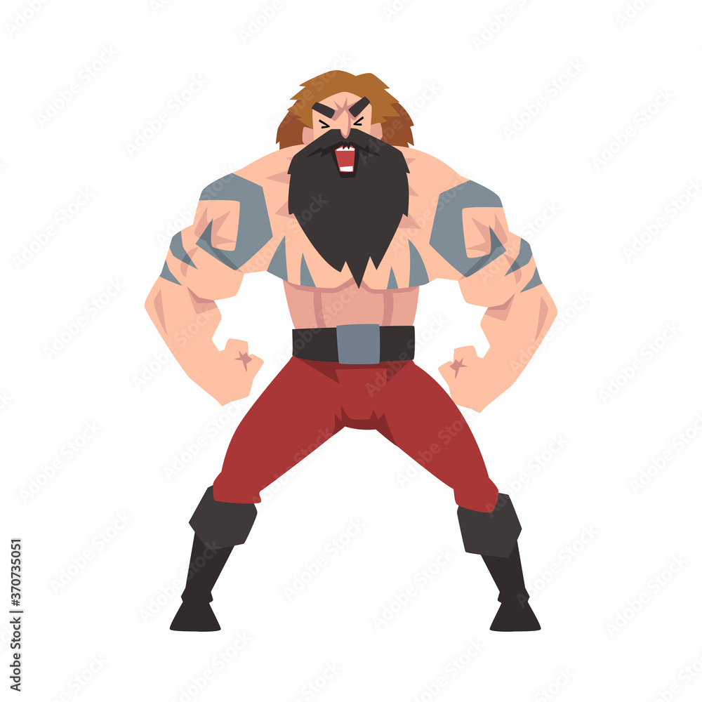 Strong Muscular Viking, Angry Male Warrior Character with Bare Chest Vector Illustration