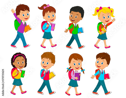 Collection, set of kids, boys and girl go to school with bag and books
