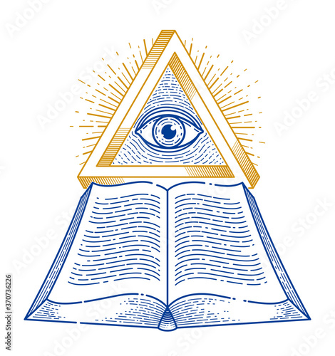 Secret knowledge vintage open book with all seeing eye of god in sacred geometry triangle, insight and enlightenment, masonry or illuminati symbol, vector logo or emblem design element.