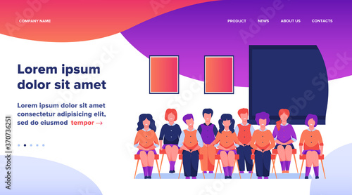 School students posing for class portrait in classroom. Teen girls and boys wearing uniform, sitting on chairs in rows and smiling. Vector illustration for photo, classmates, education concept