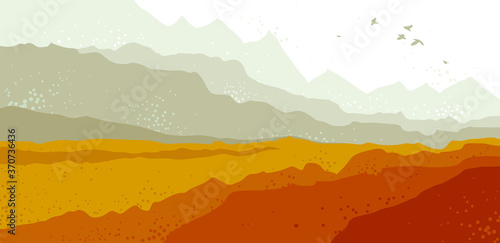 Beautiful scenic nature landscape vector illustration autumn season with grasslands meadows hills and mountains, fall hiking traveling trip to the countryside concept.