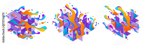 Abstract colorful lava fluids with geometric lines vector illustrations set, bubble gradients shapes in motion, artistic background graphic elements collection, dynamic art liquid forms flowing.