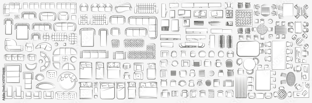 Set of linear icons. Interior top view. Isolated Vector Illustration. Furniture and elements for living room, bedroom, kitchen, bathroom. Floor plan (view from above). Furniture store.