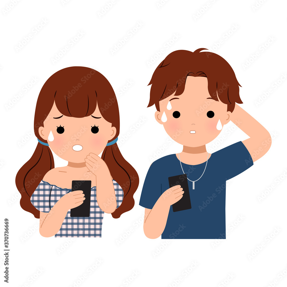 Man and woman staring at their phone with anxious expression. Receiving bad news. Flat vector clip art isolated on white background.