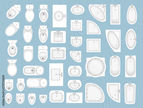 Bathroom furniture. Top view. Architectural collection. Baths, shells, toilets, bidets, urinals, showers. View from above.