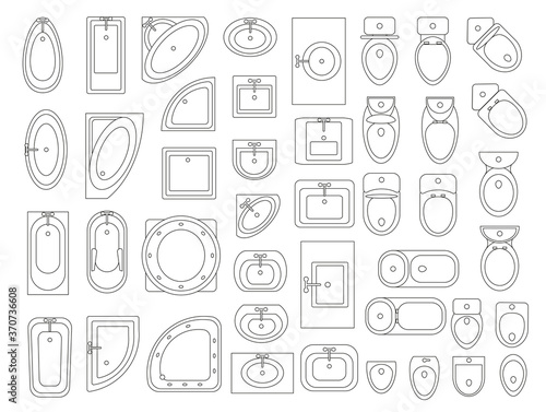 Bathroom furniture. Top view. Linear collection. Baths, shells, toilets, bidets, urinals, showers. View from above.