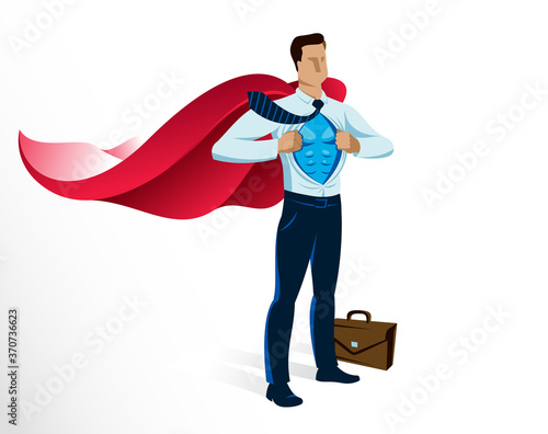 Businessman superhero vector illustration, young handsome business man standing brave and strong, leadership concept, success allegory, problems solving.