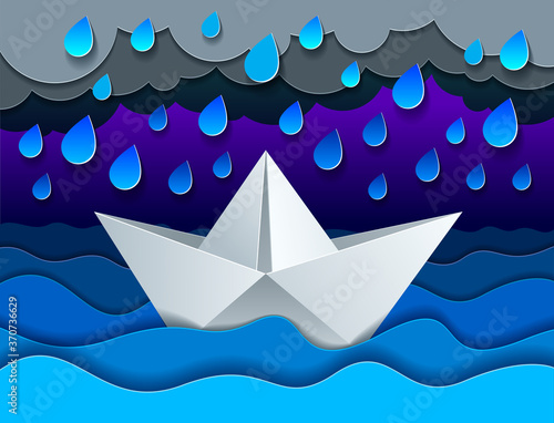 Origami paper ship toy swimming in rain over ocean, curvy waves of the sea and clouds in the sky, beautiful vector illustration in paper cut style.