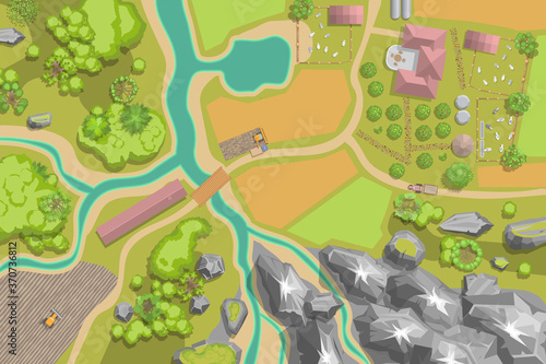 Vector illustration. Green farm in the landscape. (top view)  
