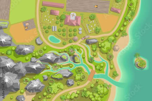 Vector illustration. Green farm in the landscape. (top view)  