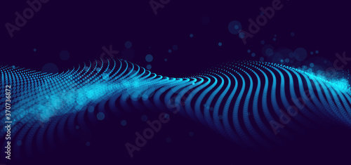 Beautiful vector abstract background of flying particles in motion, wavy lines flow big data technology and science theme, 3D dots array flowing in motion, nanotechnology.