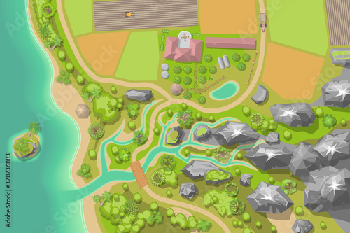 Vector illustration. Green farm in the landscape. (top view)  