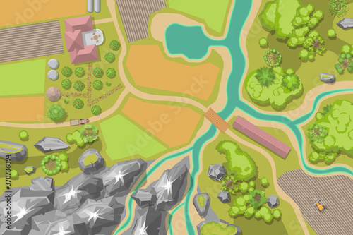 Vector illustration. Green farm in the landscape. (top view)  
