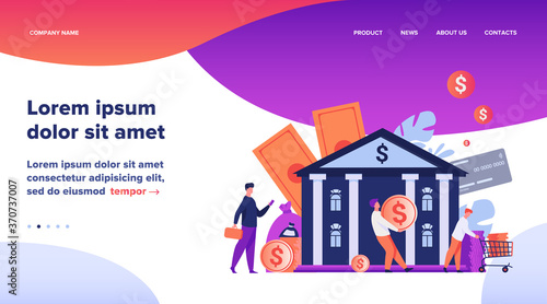 People with money walking to bank building. Queue of characters carrying cash near bank office. Vector illustration for finance, loan, credit department concept