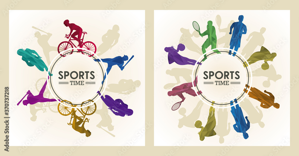 sports time poster with athletes figures in circular frames