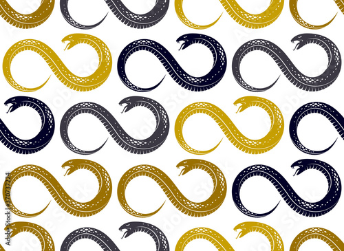 Repeat snakes seamless vector pattern, tiling endless background with venom reptiles in vintage style, subculture rock n roll and hard rock theme.