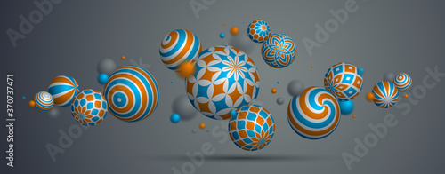 Abstract spheres vector background, composition of flying balls decorated with patterns, 3D mixed variety realistic globes with ornaments, realistic depth of field effect.