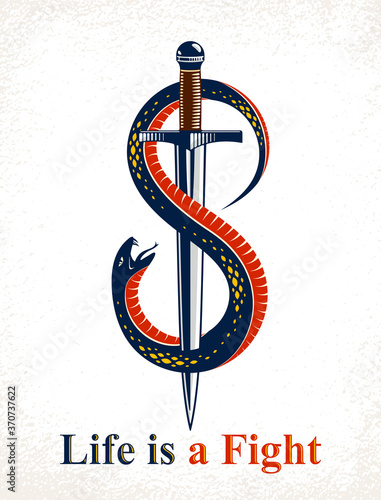 Dagger kills a Snake, defeated Serpent wraps around a sword vector vintage tattoo, Life is a Fight concept, allegorical logo or emblem of ancient symbol.