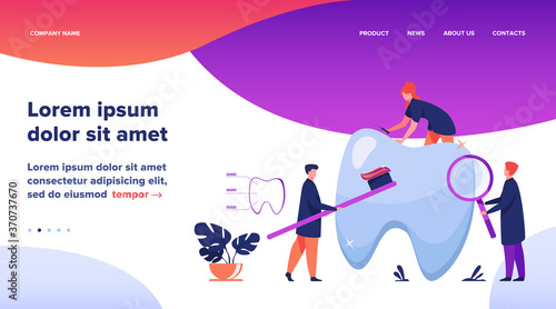 Team of dentists taking care of teeth. Small doctors examining, treating, cleaning, brushing big tooth. Vector illustration for cavity, caries, dental care, stomatology concept