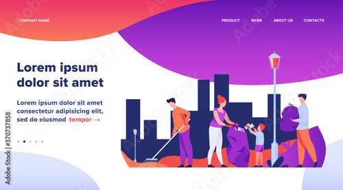 Volunteers community cleaning garbage flat vector illustration. People working in team for city ecology protection. Environment, nature and clean planet concept