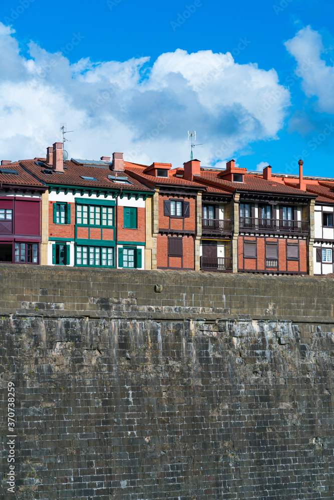 Fototapeta premium Traditional Basque architecture, Wall of the citadel, Historic quarter, Hondarribia town, Txingudi bay, Jaizkibel Mountain range, Gipuzkoa province, Basque Country, Spain, Europe