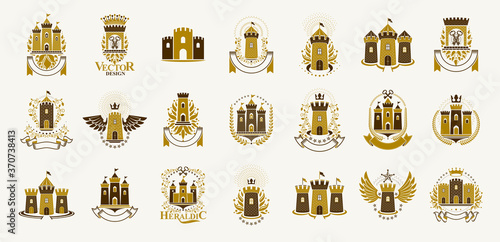 Vintage castles vector logos or emblems, heraldic design elements big set, classic style heraldry architecture symbols, antique forts and fortresses.